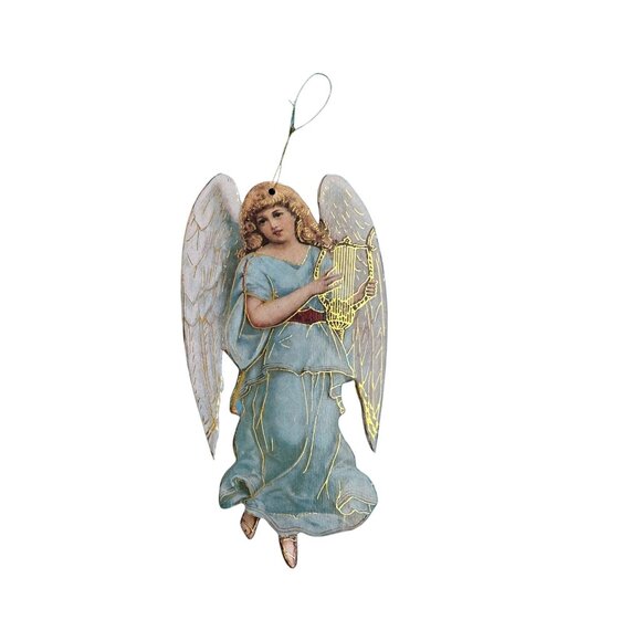Vintage Victorian Angel Christmas Ornament Embossed Gold Detail Harp DoubleSided - Picture 2 of 5